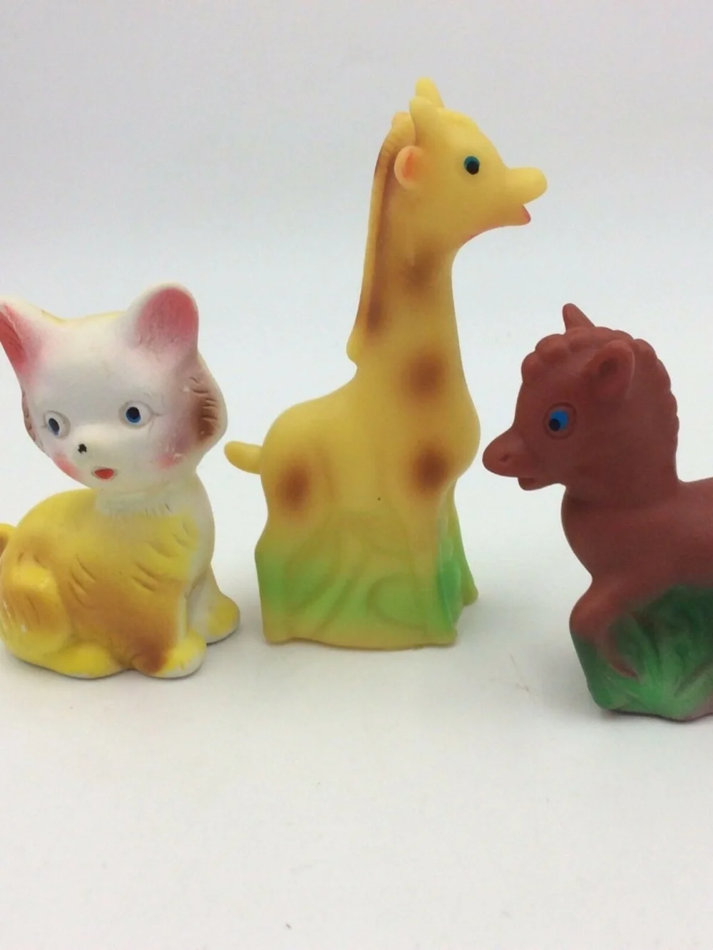 Vintage Taiwan Rubber Squeak Animal Toy Lot Cat Lamb Elephant Giraffe Calf Kitsc